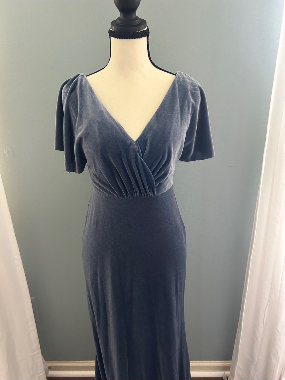 Jenny Yoo Slate-Blue Velvet V-Neck Maxi Dress